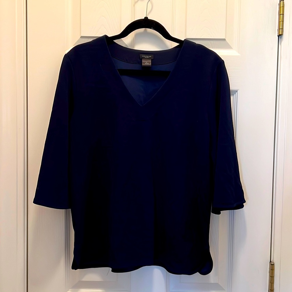 Ann Taylor Factory V-neck Navy Blouse with 3/4 Bell Sleeve & Rounded Hem Accent